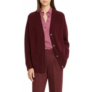 Vince Oversized Wool & Cashmere Cardigan Burgundy Ribbed V-Neck XS